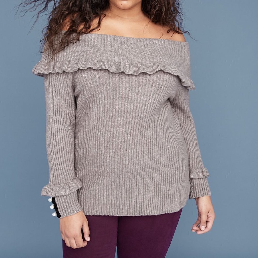 NEW Lane Bryant Off Shoulder Sweater Pullover Ruffle Embellished Gray Plus 14/16